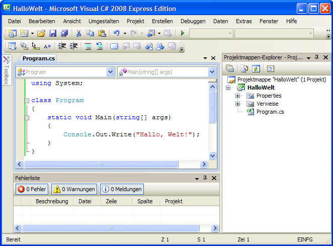Screenshot von Visual C# 2008 Express